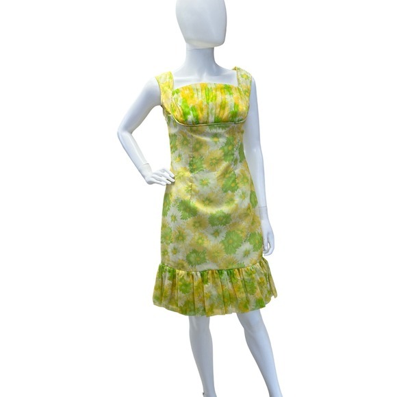 Vintage 1960s Mod Floral Wiggle Dress‎ Ruffle Ruched Bodice Organza Chiffon JS - Picture 3 of 14